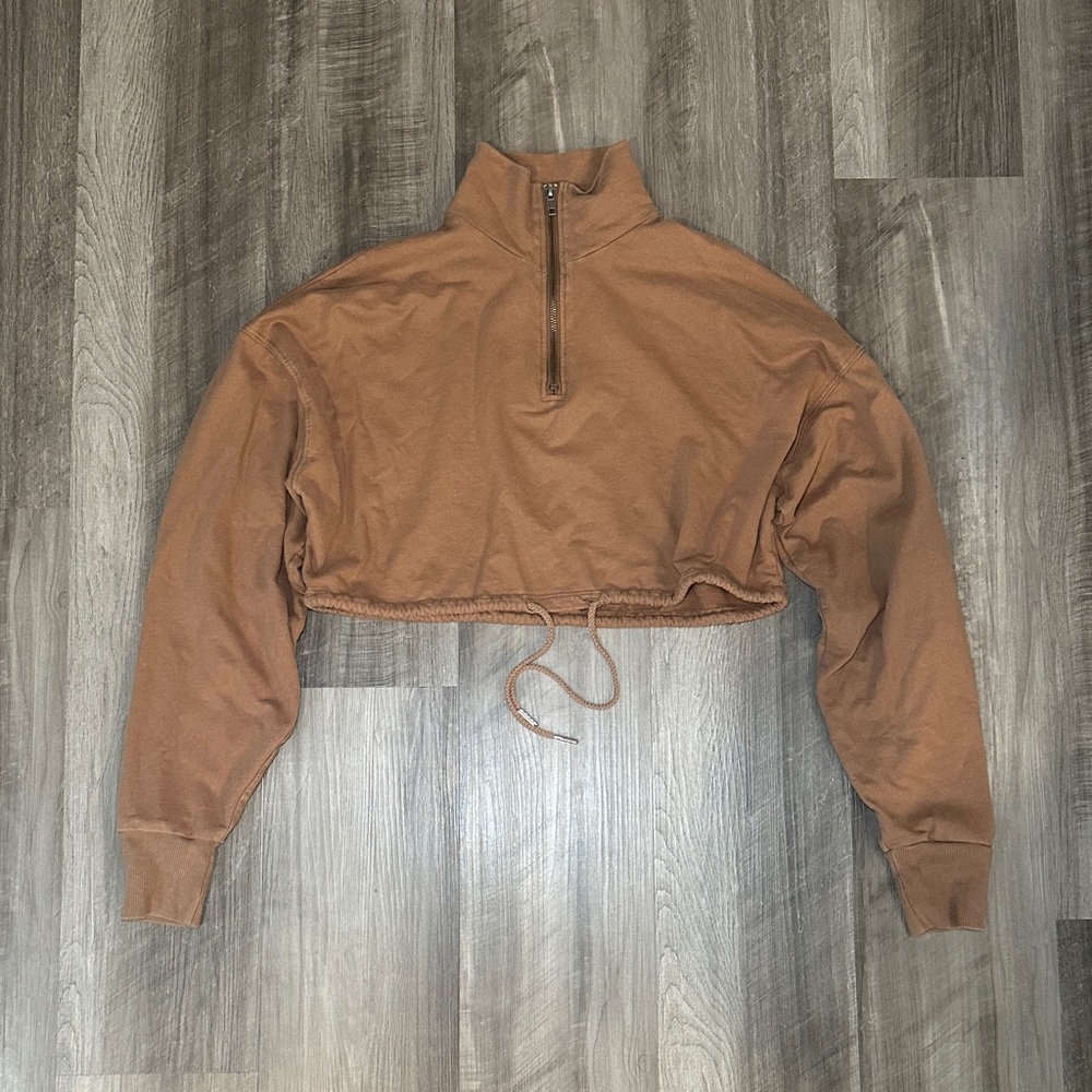 Tan+Lines by Sivan Ayla Cropped Mock Quarter Zip Cinch Waist Pullover - XS